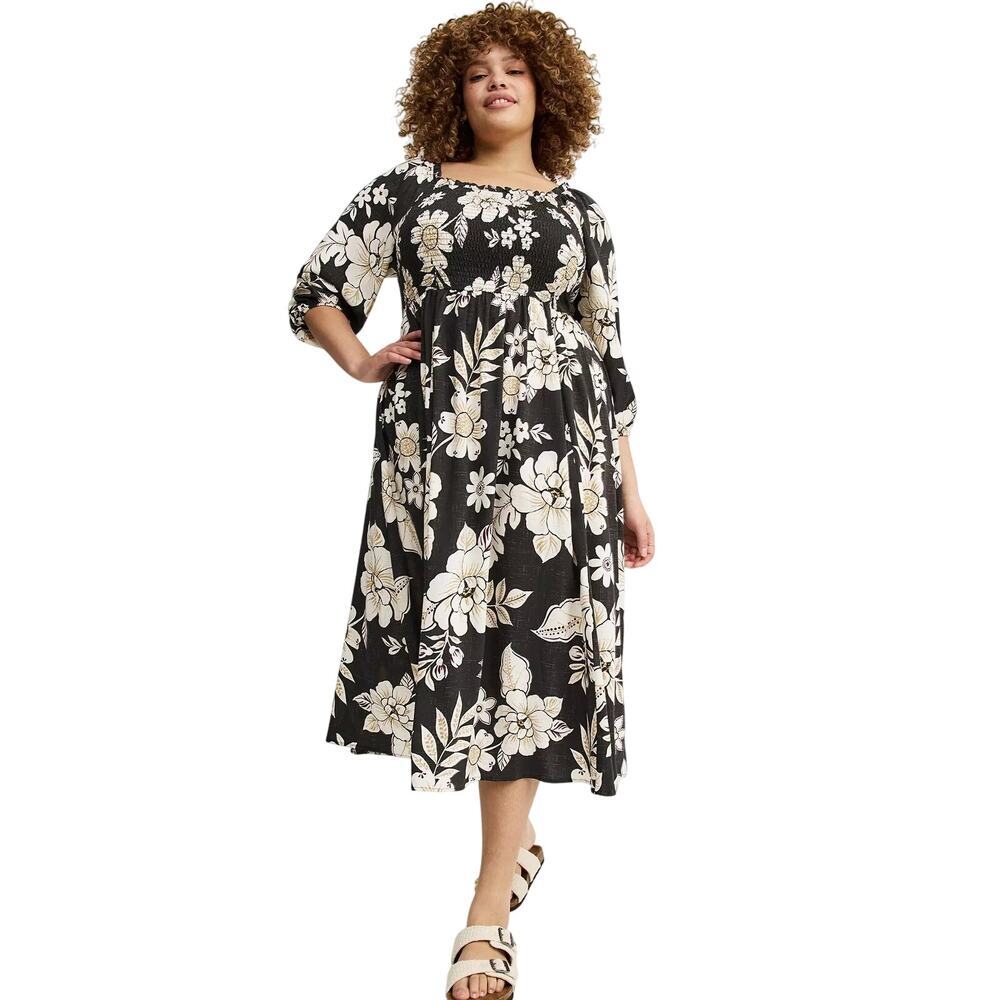 NWT Torrid Challis Puff Sleeve Black Floral Midi Dress - Size 3X